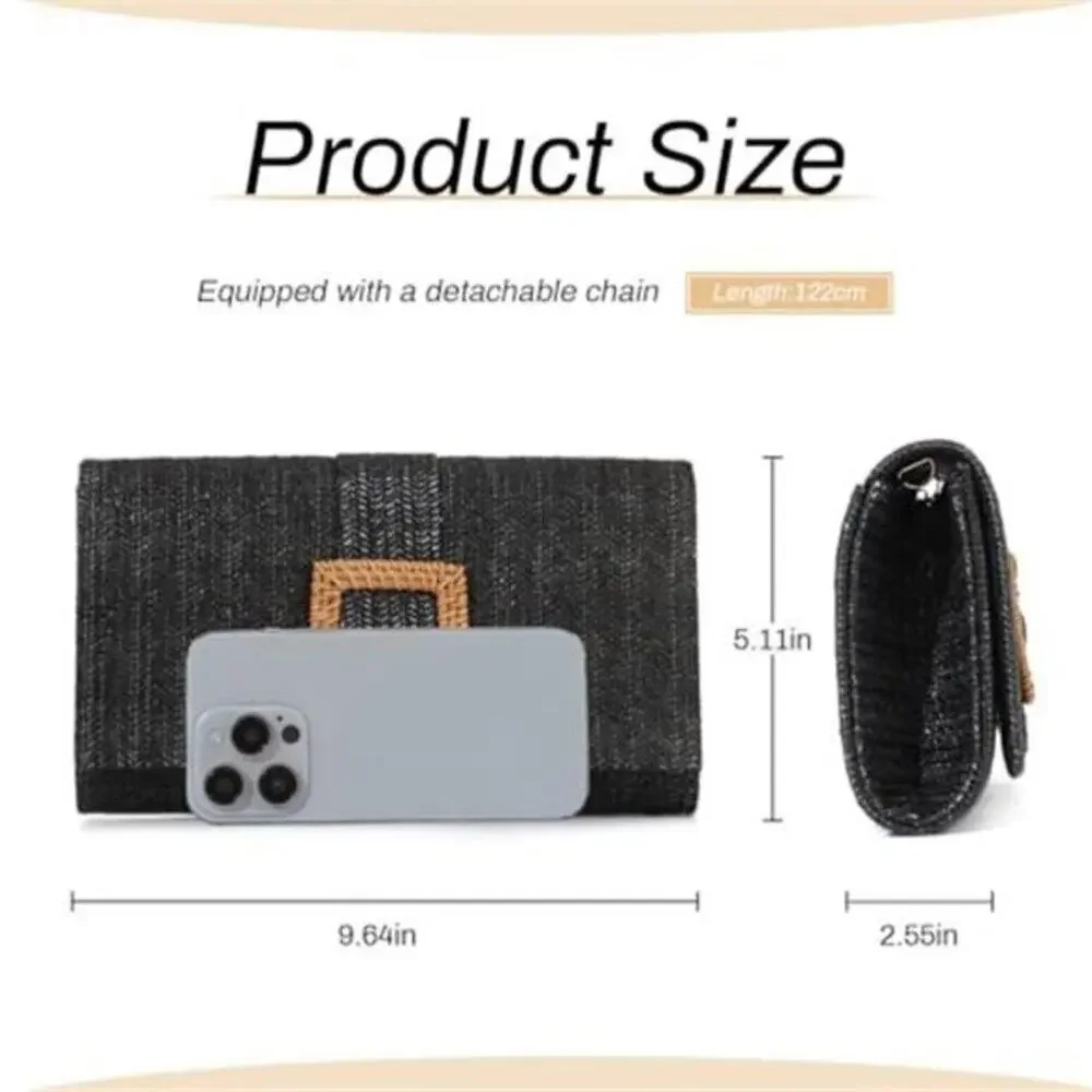 Woven Straw Clutch Purse Rattan Beach Evening Handbag Women Black